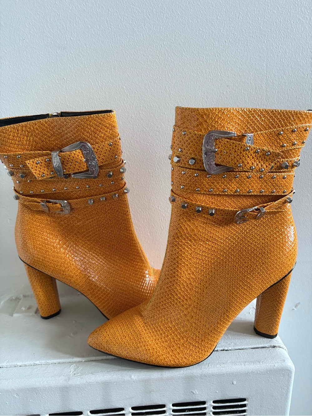 Cape Robbin Orange Textured Pointed Ankle Boots with Studs & Buckles